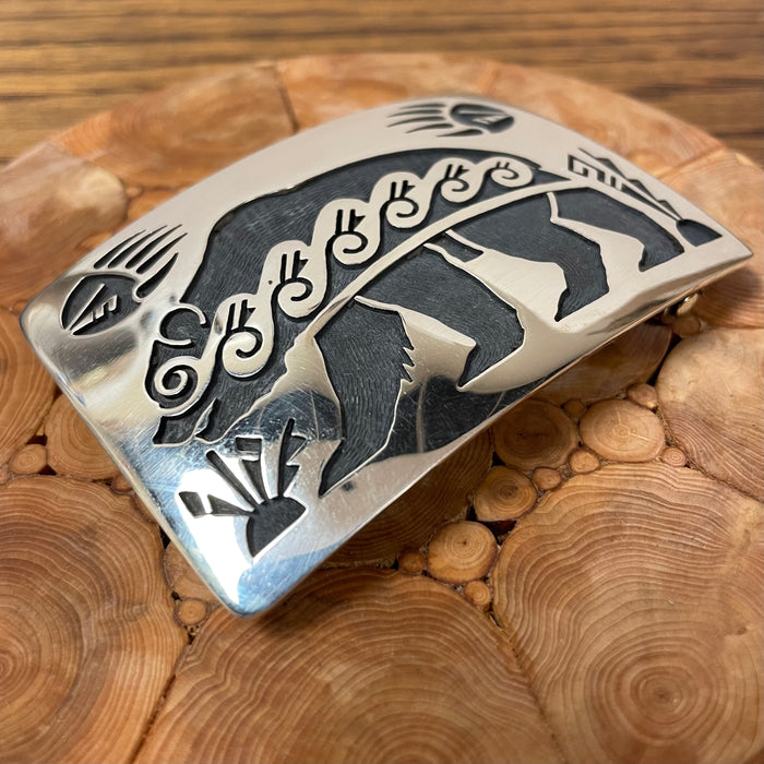 Hopi Bear Silver Overlay Belt Buckle, by Weaver Selina