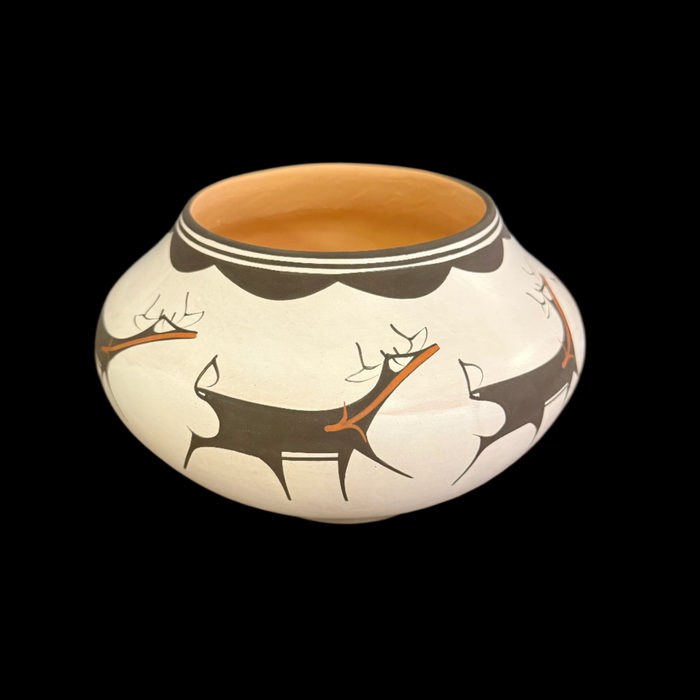 White Slipped Zuni Pot with Deer, by Anderson Peynetsa