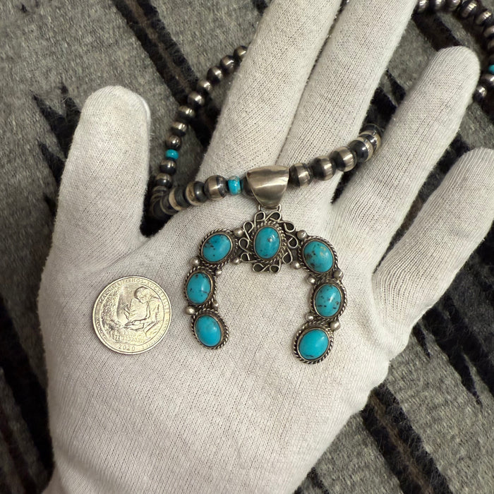 Navajo Naja Pendant with Contemporary Brushed Satin Navajo Pearls, by Geraldine James and Marilyn Platero