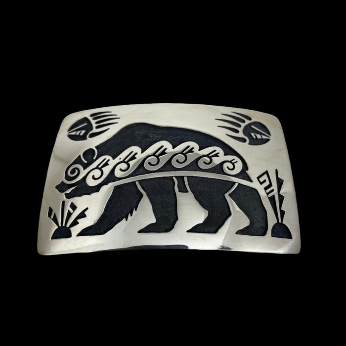 Hopi Bear Silver Overlay Belt Buckle, by Weaver Selina