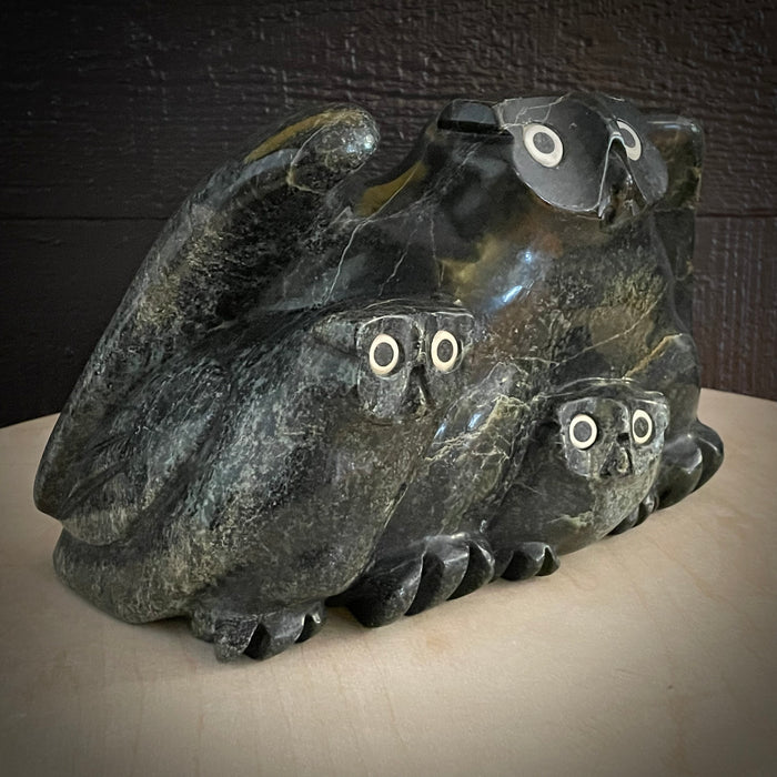 Owl with Chicks Inuit Carving, by Joanasie Manning, Inuit