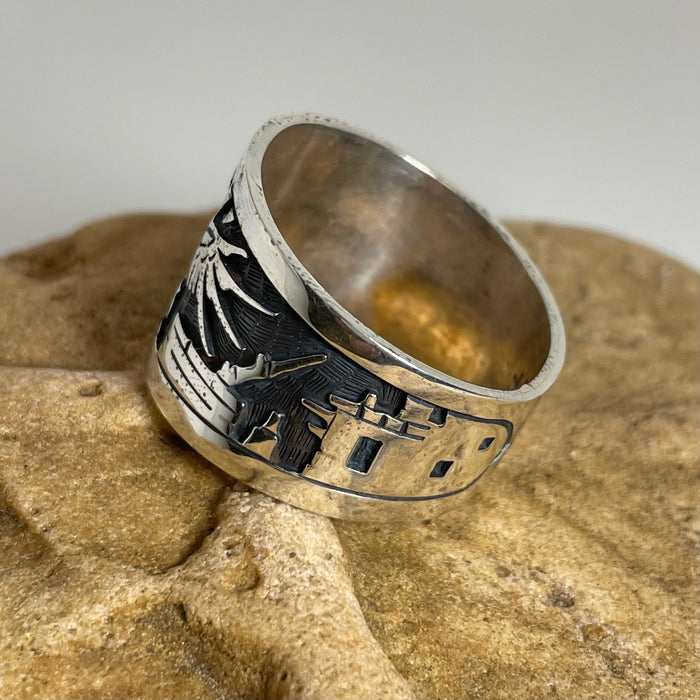 Eagle Dancer Kachina Hopi Silver Overlay Ring, by Eddison Wadsworth