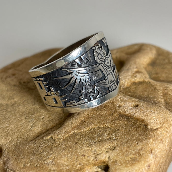 Eagle Dancer Kachina Hopi Silver Overlay Ring, by Eddison Wadsworth