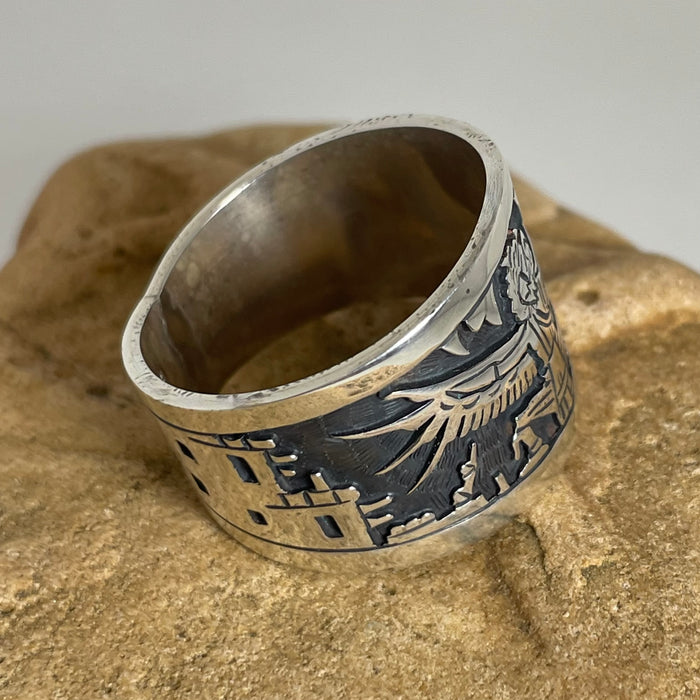 Eagle Dancer Kachina Hopi Silver Overlay Ring, by Eddison Wadsworth