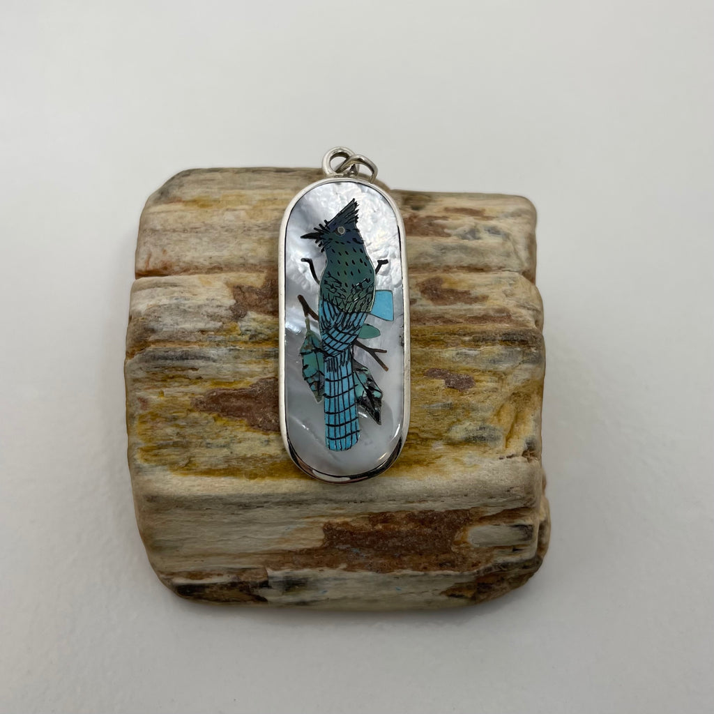 Zuni Inlay Stellar Jay Pendant, by Harlan and Monica Coonsis