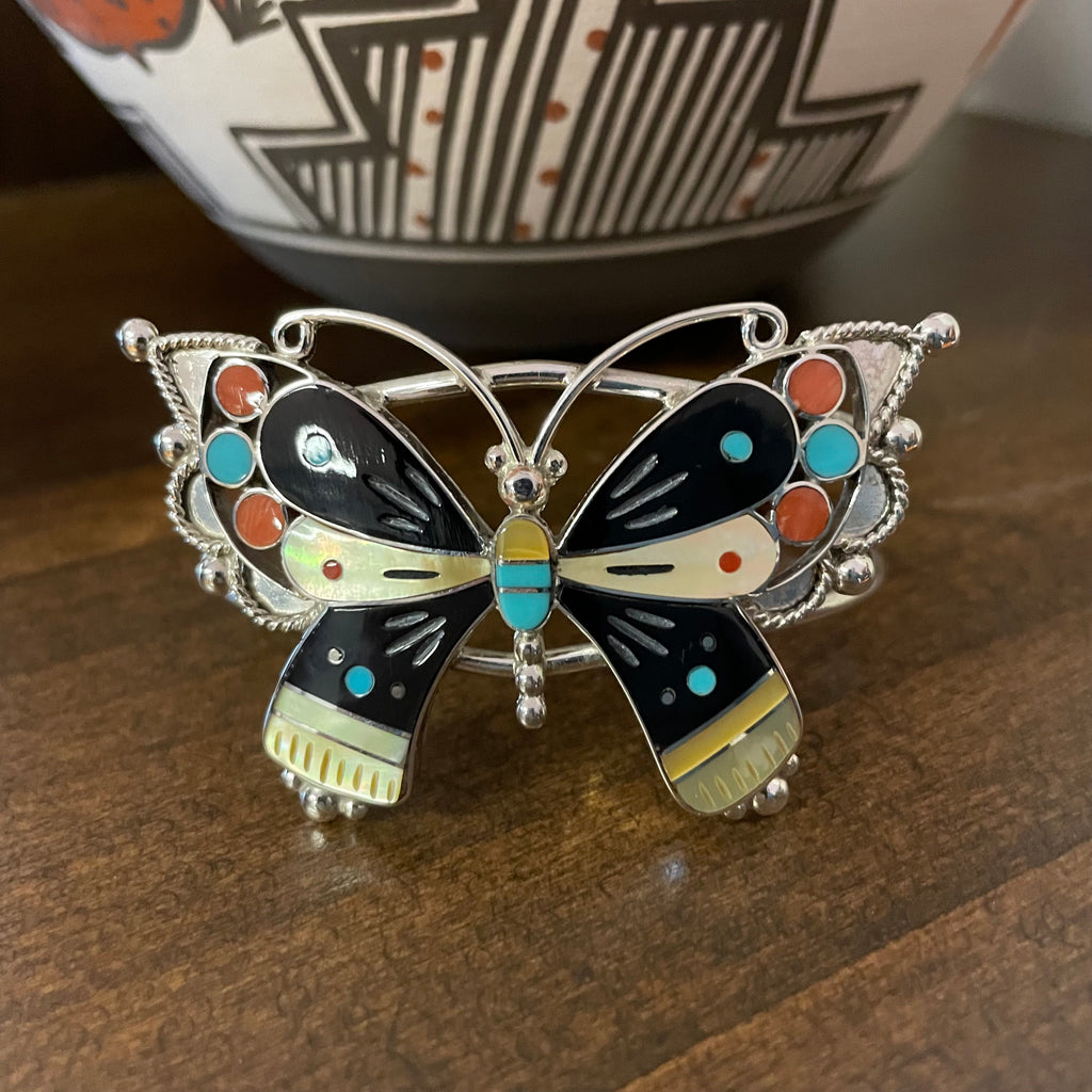 Delicate Zuni store Butterfly Inlay Earrings Vintage Native American Intricate Sterling Silver Multi Stone Turquoise MOP Onyx Butterfly Wing Fan